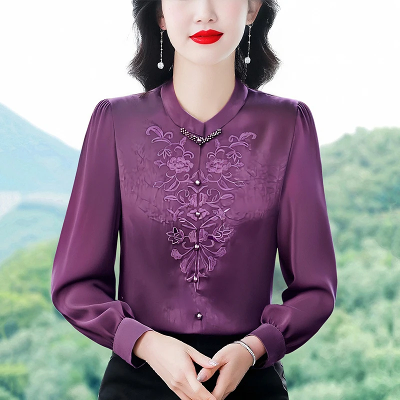 

2025 Autumn New Fashion Embroidered Jacquard Shirt Elegant Fashion Satin Tops Pearl Button Long Sleeve OL Blouse