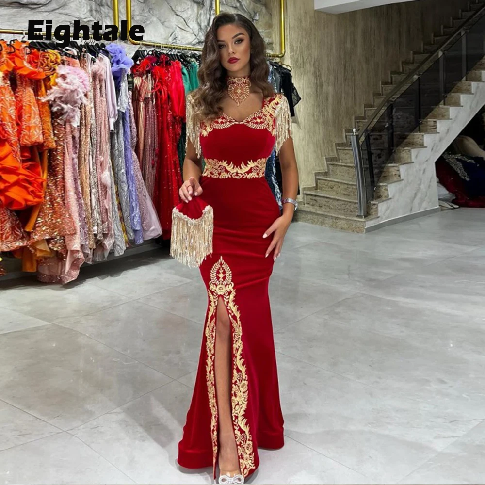 

Eightale Karakou Algerien Arabic Evening Dresses High Neck Appliues Gold Lace Vintage Mermaid Prom Gown Dubai Caftan Party Gowns