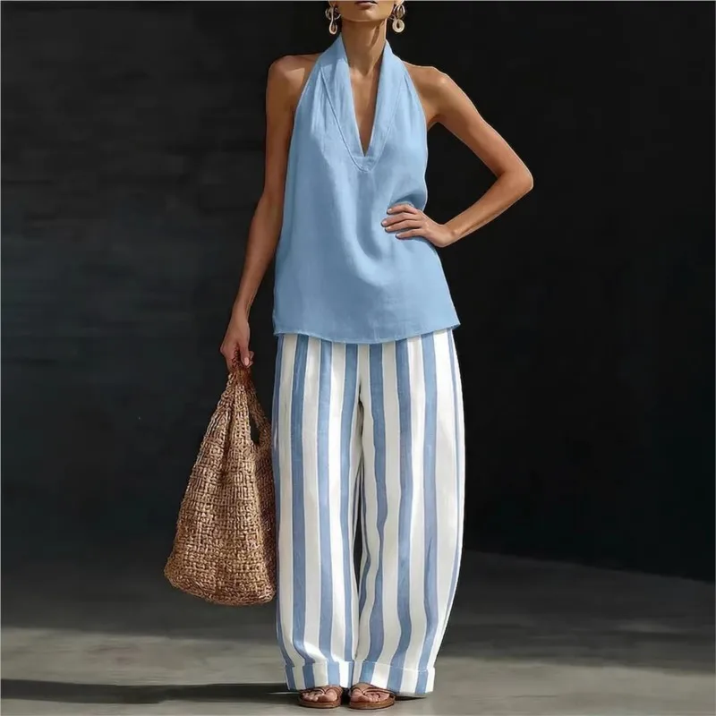Summer Casual Chic Sleeveless Loose Two Piece Sets Women New V-Neck Hanging Neck Top + Striped Wide-leg Pants 2piece Set