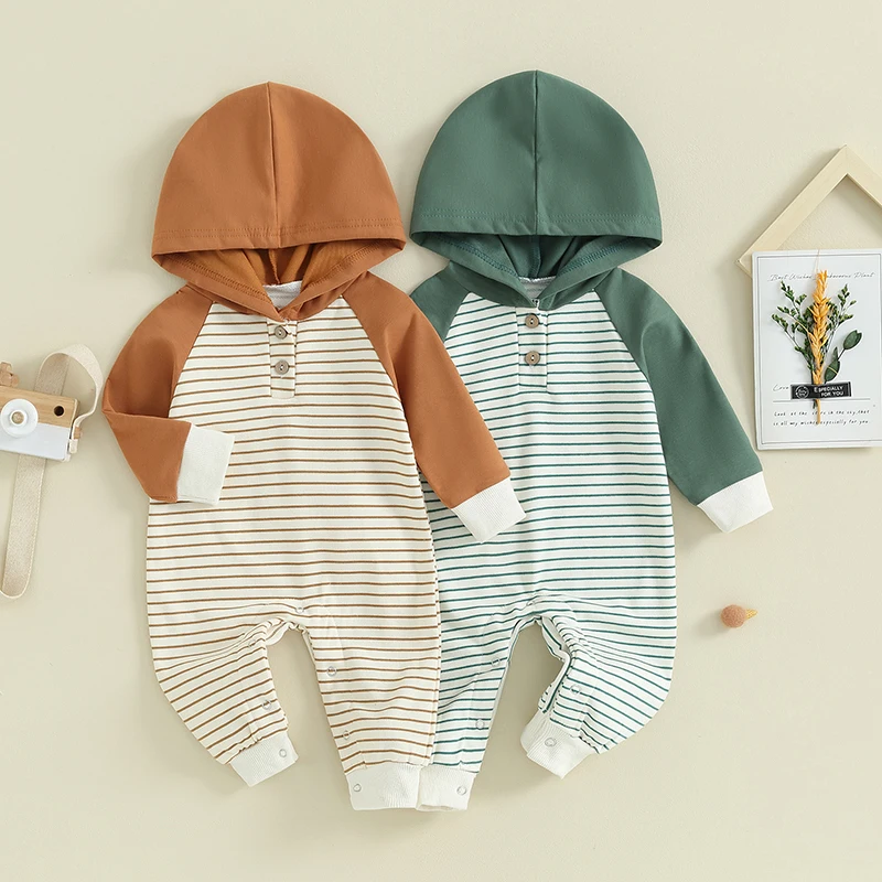 

Newborn Baby Spring Autumn Casual Rompers Clothes for Boys Girls Infant Long Sleeve Hooded Striped Print Rompers Jumpsuits