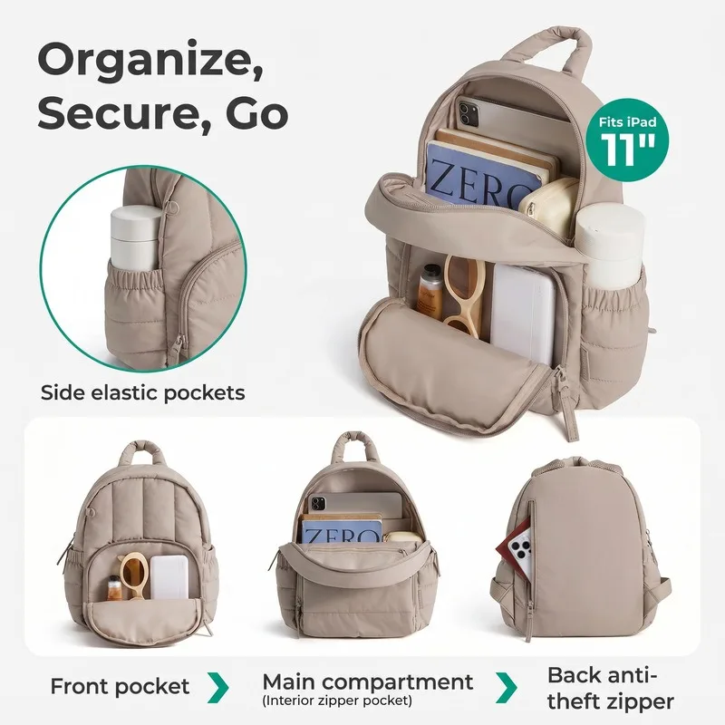 Women Winter Backpack Solid Minimalist School Bags Commuter Mini Daypack Lightweight Quilted Waterproof Casual Travel Rucksack