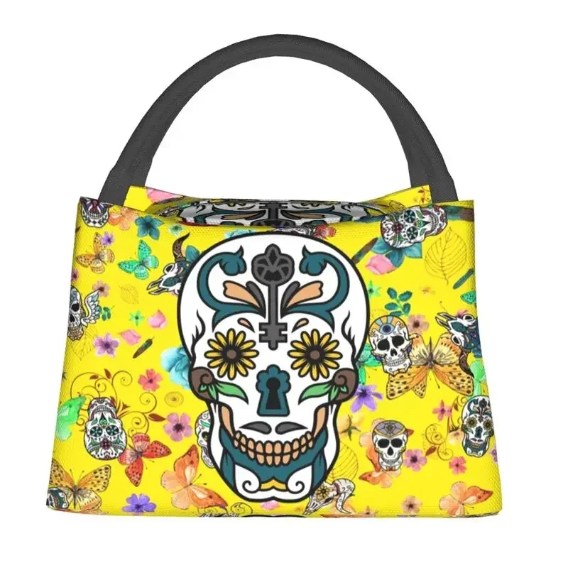 Sugar Skulls Day Of The Dead Insulated Lunch Bag Women Skeleton Gothic Lunch Container for Work Travel Storage Meal Food Box