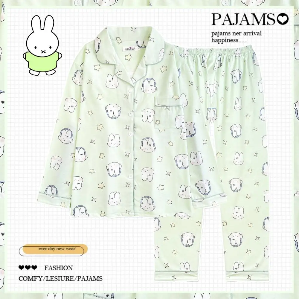 

Miffy Kawaii Light Green Pajamas Set Rabbit Star Pattern Soft Cotton Long Sleeve Shirt And Pants Sleepwear For Women Nightwea