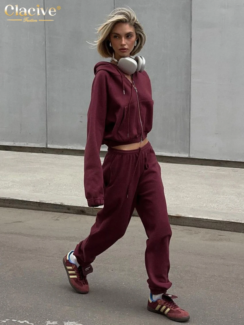 Clacive Winter Loose Red Women\'s Two Pieces Set 2024 Fashion Long Sleeve Shirt With Mid Waist Sweatpants Set Female Streetwear