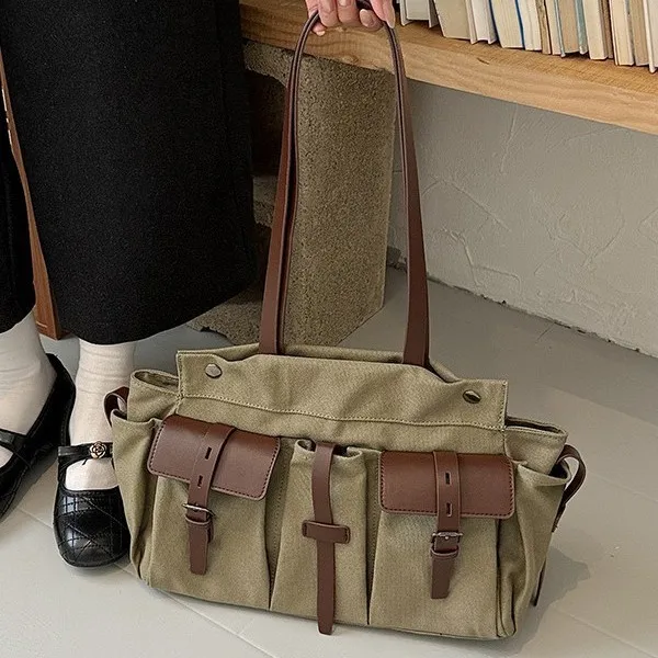 Casual Canvas Big Tote Bag for Women Shoulder Bag Large Capacity, Army Green Handbag Suitable for All Adults, Ideal for Commutes
