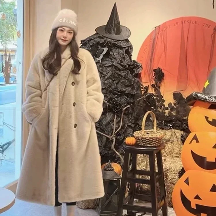 معطف فرو أرنب تقليد جديد لعام 2025 معطف فرو مزدوج الصدر للنساء معطف طويل سميك ودافئ للشتاء #4