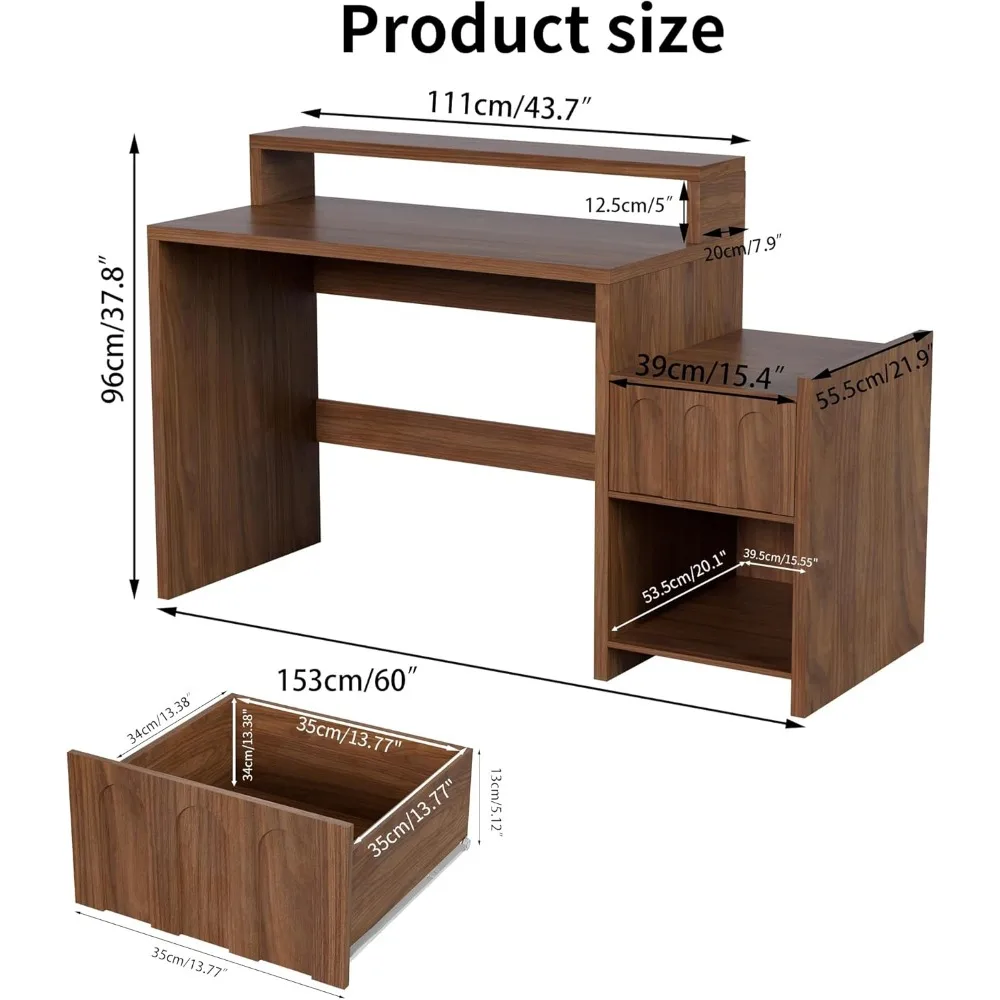 مكتب تنفيذي حديث من خشب الجوز في منتصف القرن، مكتب منزلي على طراز المزرعة مقاس 60 بوصة مع درج ورف للطابعة #2