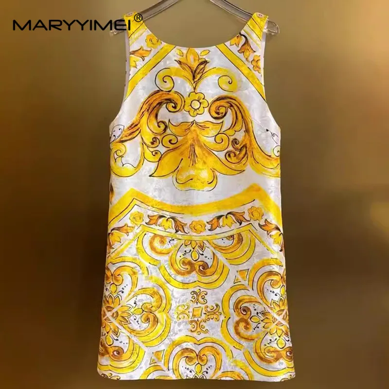 MARYYIMEI Summer Women\'s Dress Round neck Sleeveless Vintage Baroque Print Jacquard Silk Short Dresses