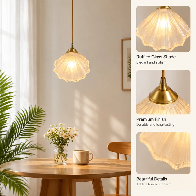 Pendant Light Shell Shade, French Style Bedroom Bedside Lamp, Modern Cream Decor, LED Soft Glow for Living Room, Ceiling Fixture