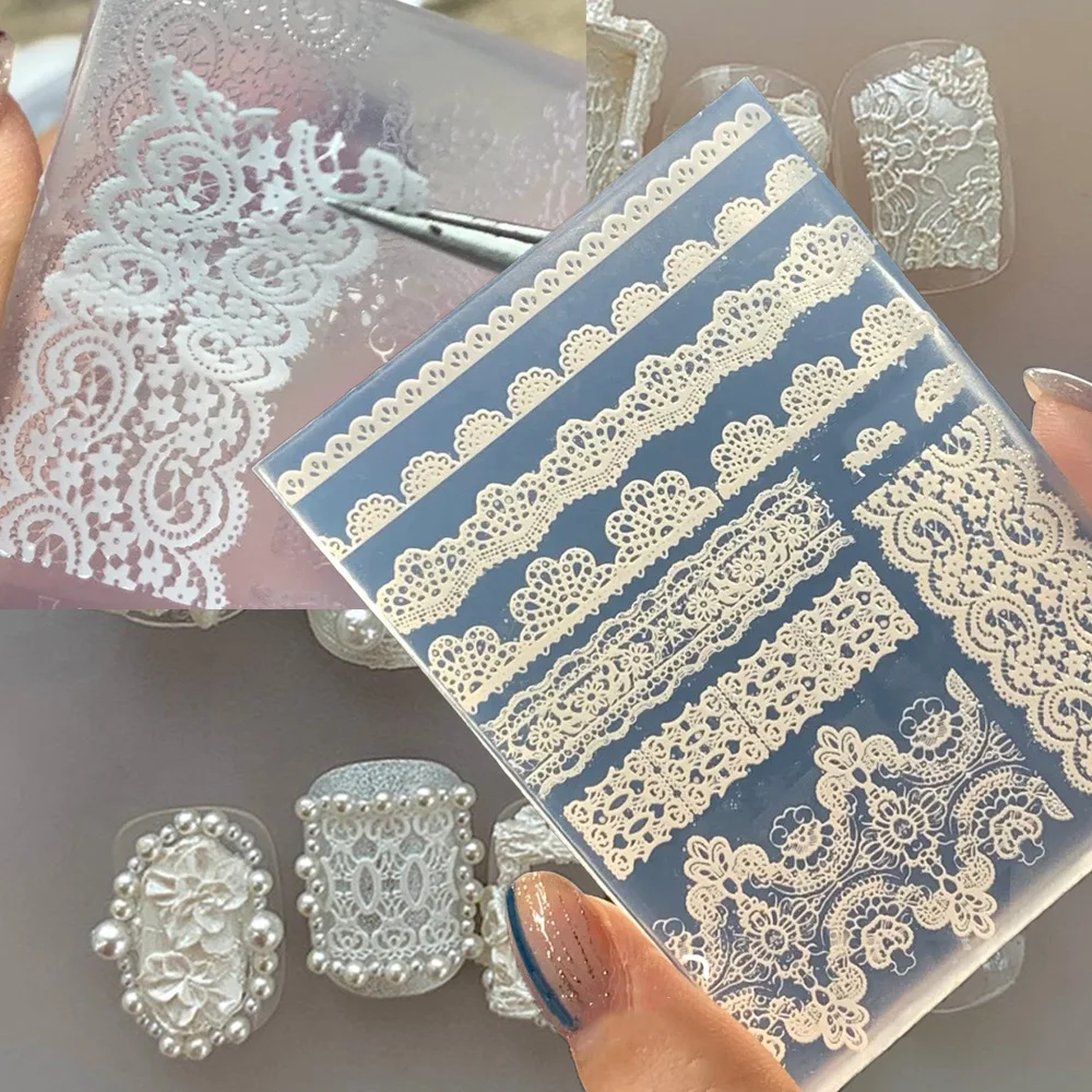 3D Lace Flowers Nail Art Mold Relief Transparent Thin Lace Design DIY Charms Sticker Nail Silicone Template Nail Art Decoration