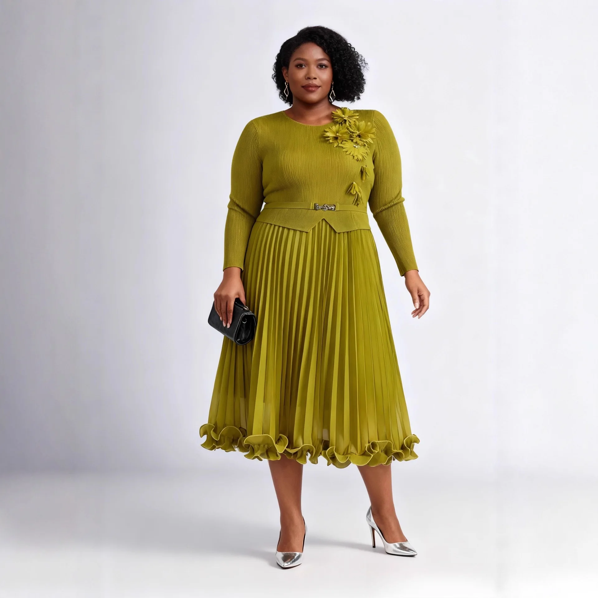 

Miyake Pleated Fungus Edge Loose Dress Three-dimensional Flower Decoration Slim Slim Dress Women's Autumn and Winter New