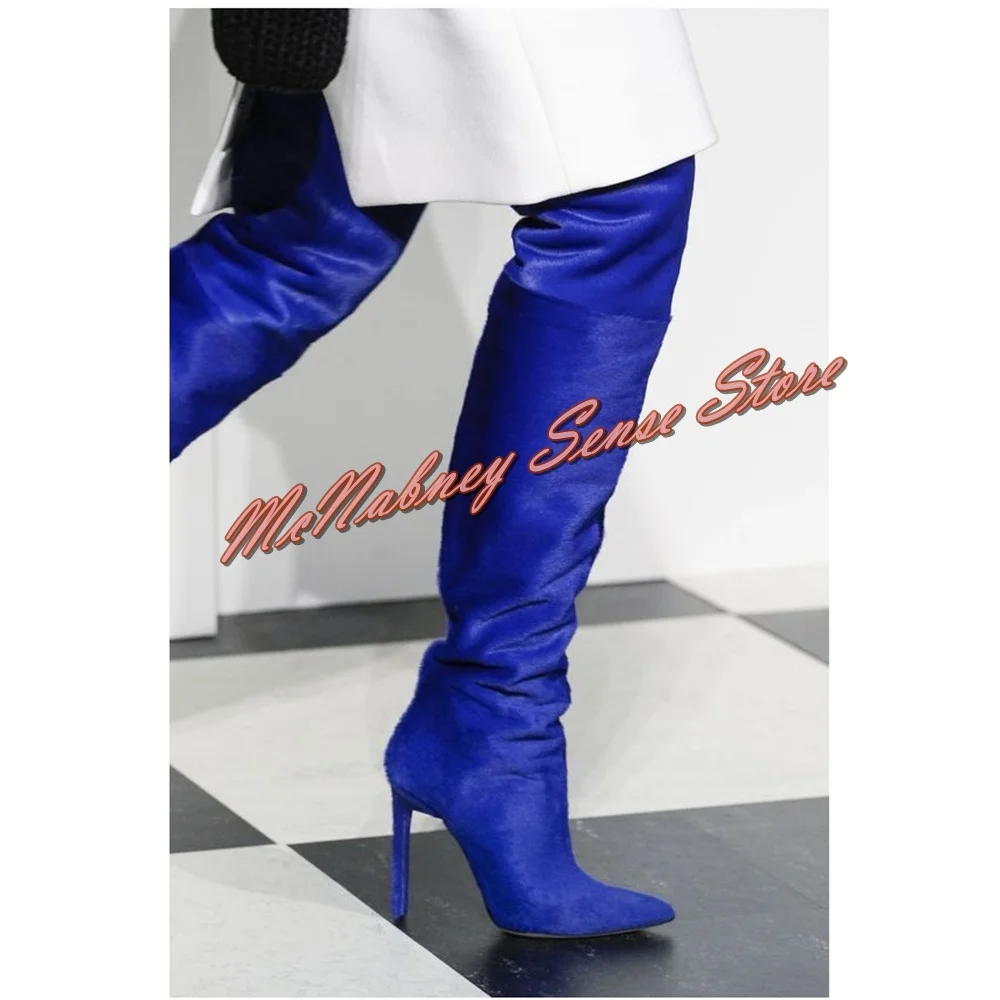 

Suede Blue Fitted Boots Over the Knee Slip on Elastic Solid Pointy Toe Stiletto Heels Women Sexy Shoes Winter Party Dress Boots