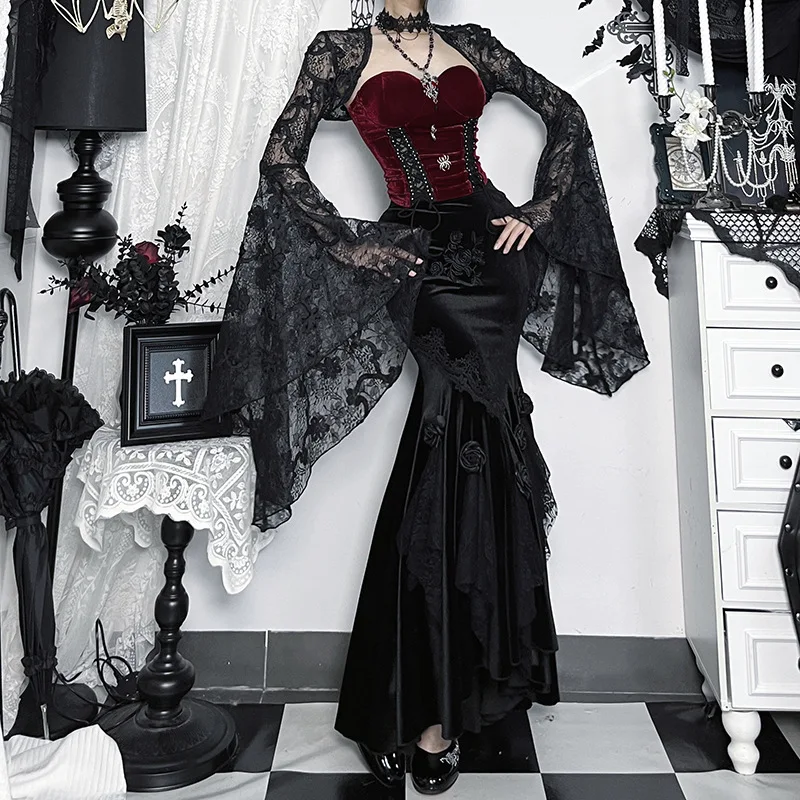 Goth Dark Lace Floral Sheer Crop Shrug Tops für Frauen Elegante Mode Smock Mantel Umhang Flare Sleeve Bluse Shirts Mall Gothic