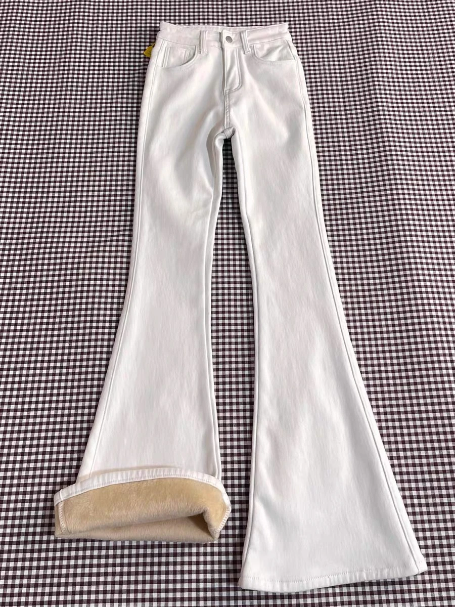 

Женские джинсы клеш с высокой талией на флисовой подкладке, эластичные, утягивающие, маленькие размеры, повседневные, однотонные