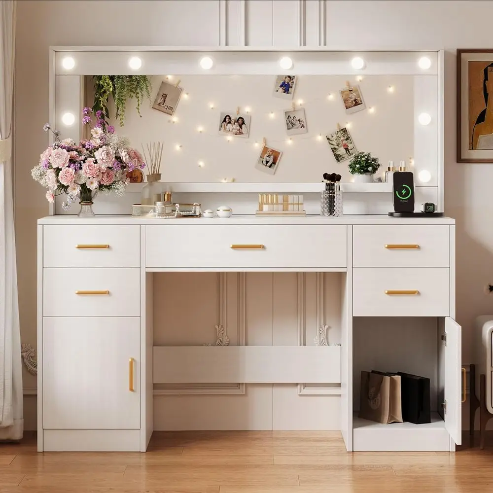 

44.8 Large White Vanity Desk with Lighted Mirror, Power Outlet, 5 Drawers, 2 Cabinets for Makeup and Storage