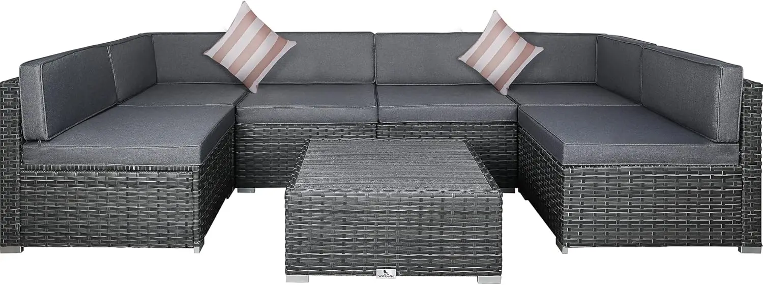 7PCS Outdoor Sectional Sofa Set w/Cushions,Patio PE Rattan Wicker Conversation Couch Sets w/Slatted Coffee Table&Striped Pillows