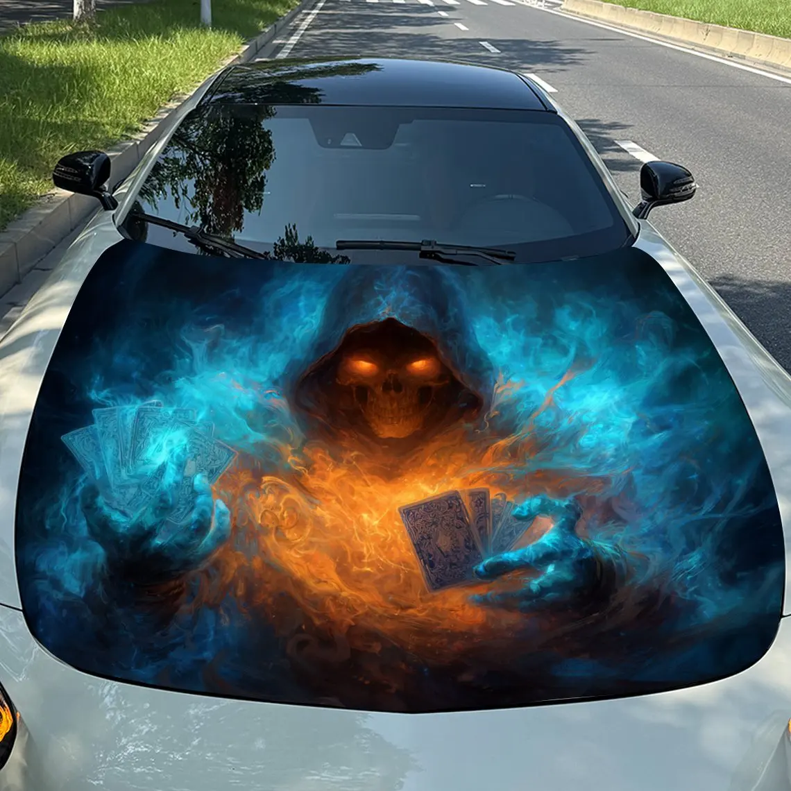 

Виниловая пленка с синим и красным пламенным черепом, водонепроницаемая виниловая наклейка на капот из ПВХ, самоклеящиеся наклейки с царапинами для крышки двигателя, Deca