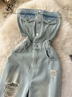 SINGREINY American Retro Streetwear Denim Jumpsuits Zipper Pocket High Waist Wide Legs Ripped Pants Summer Women Slim Rompers - Image 3