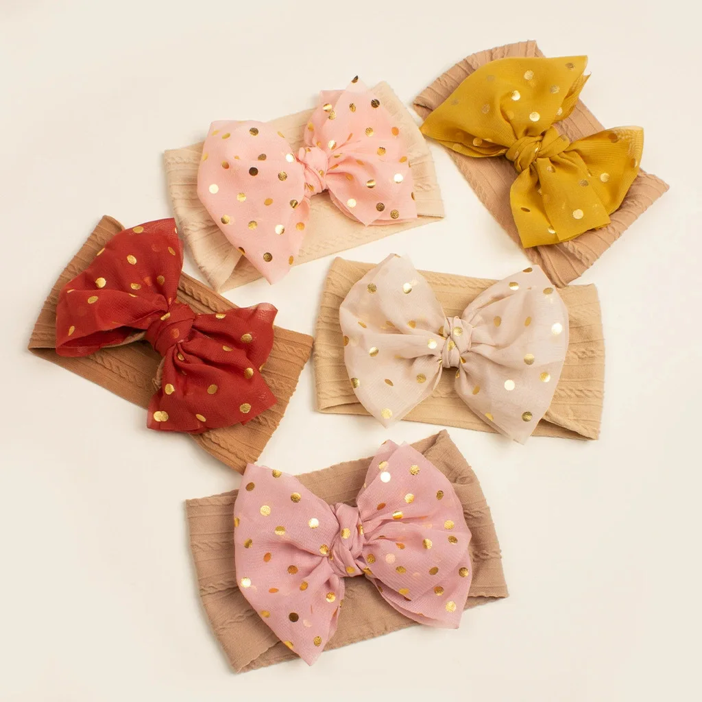 Juego de 5 Diademas para Bebé Niña, Lazos de Gasa con Puntos Dorados, Bandas Elásticas de Nailon Suave para el Cabello, Accesorios de Moda para Recién Nacidos y Niñas Pequeñas