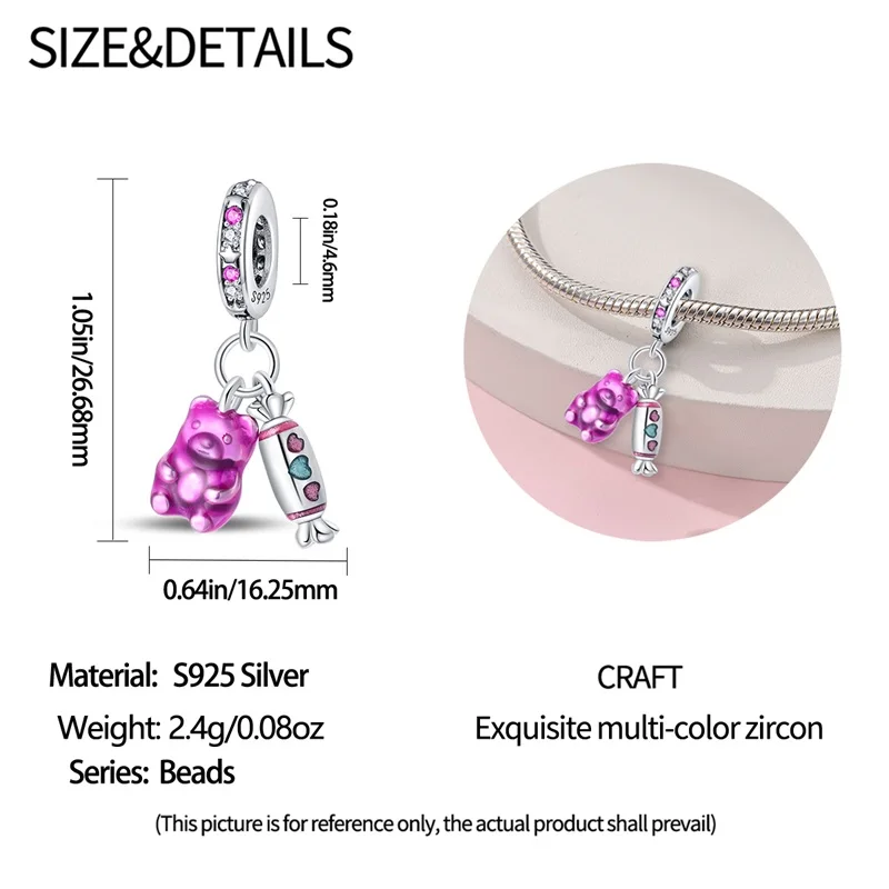 Charms Beads Pink Purple Gummy Bear Candy Plata Fit Original 925 Charms Bracelet Beads Sweet  Jewelry Gifts for Women