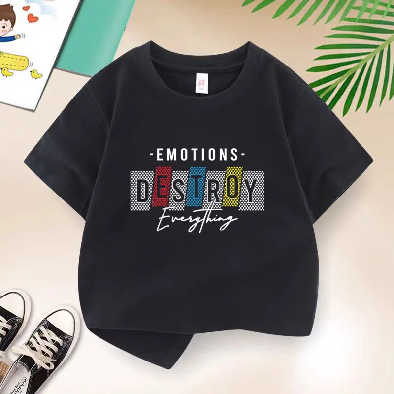 Fashion Letters Graphic Print Baby Boys T-shirt Cotton Black Tops Tee 2025 Summer Casual Kids T Shirt Teen 6 8 10 12 Years