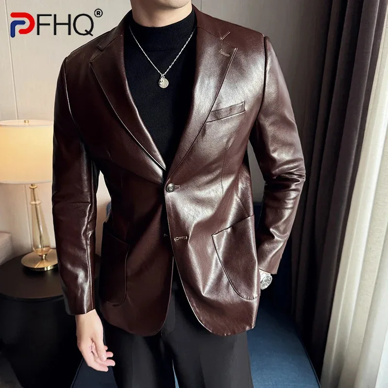 PFHQ PU Leather Jacket Men\'s Suit Korean Fashion Slim Fit Casual 2024 Solid Color Business Long Sleeve Male Blazer 21Z6151