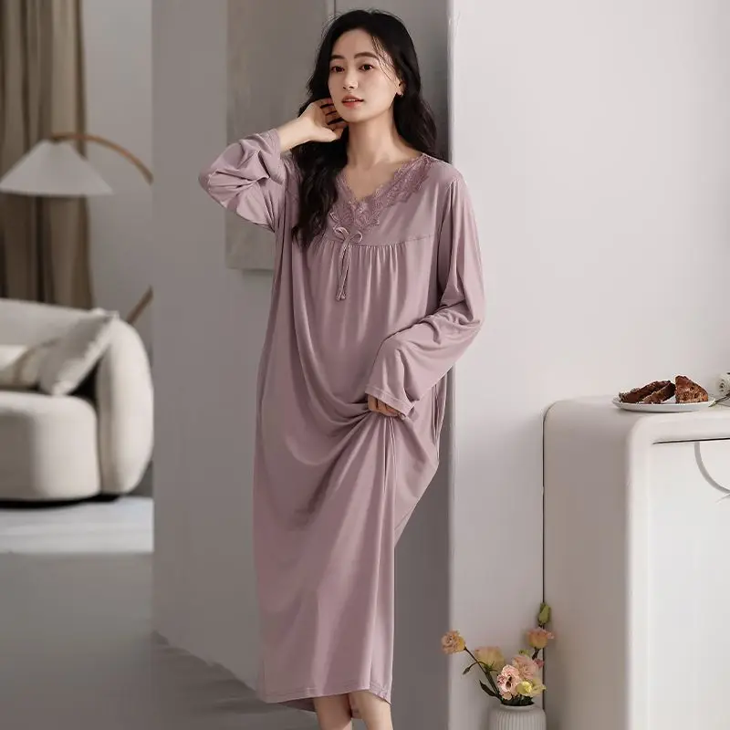

Ночная рубашка из модала с длинными рукавами для женщин, осенне-зимнее однотонное платье средней длины для мамы, пижама, свободная юбка, домашняя одежда для сна