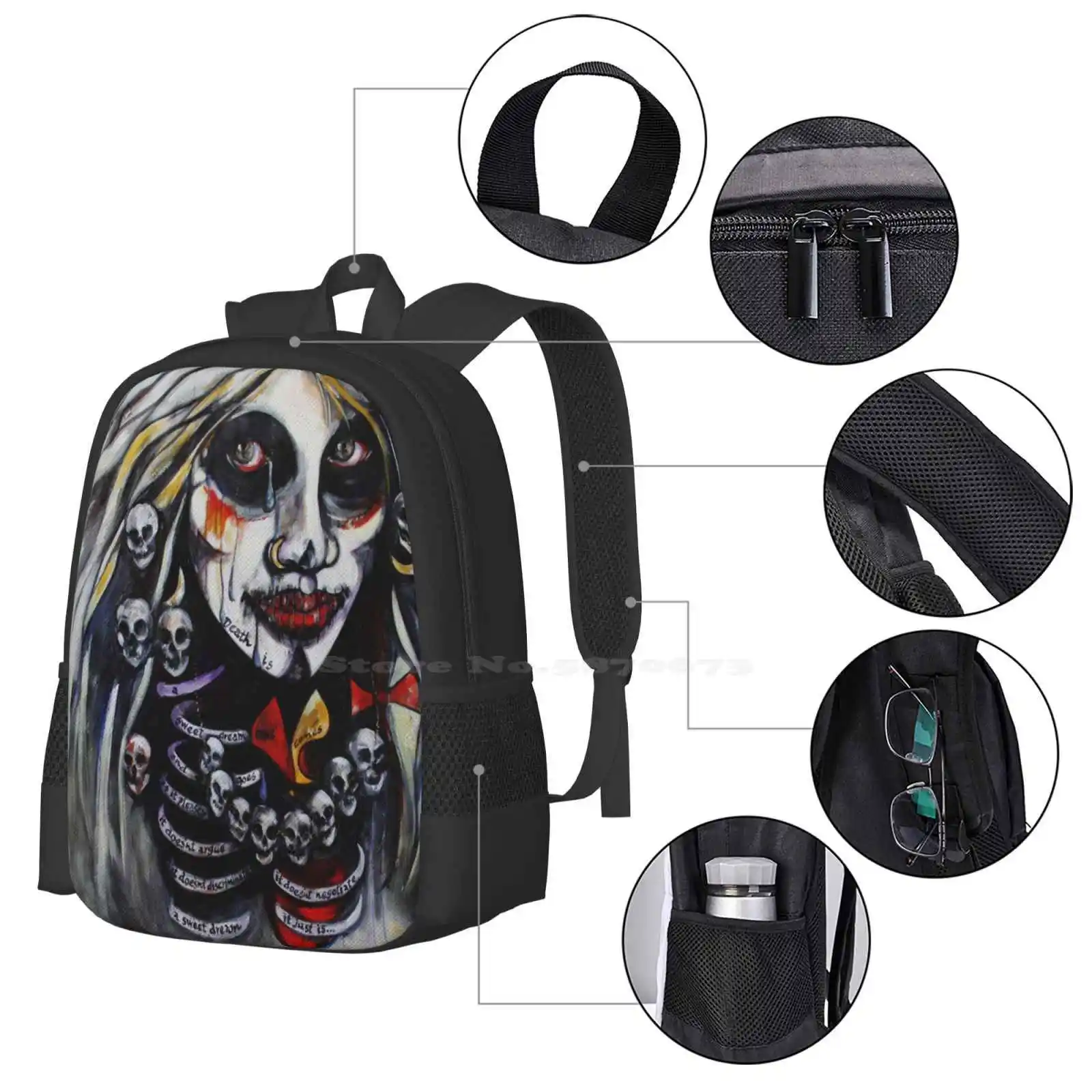 A morte é... Mas um padrão de sonho Bagpack para mulheres, escova de ar a óleo acrílico, morte vida, mulher paixão amor, mochilas escolares