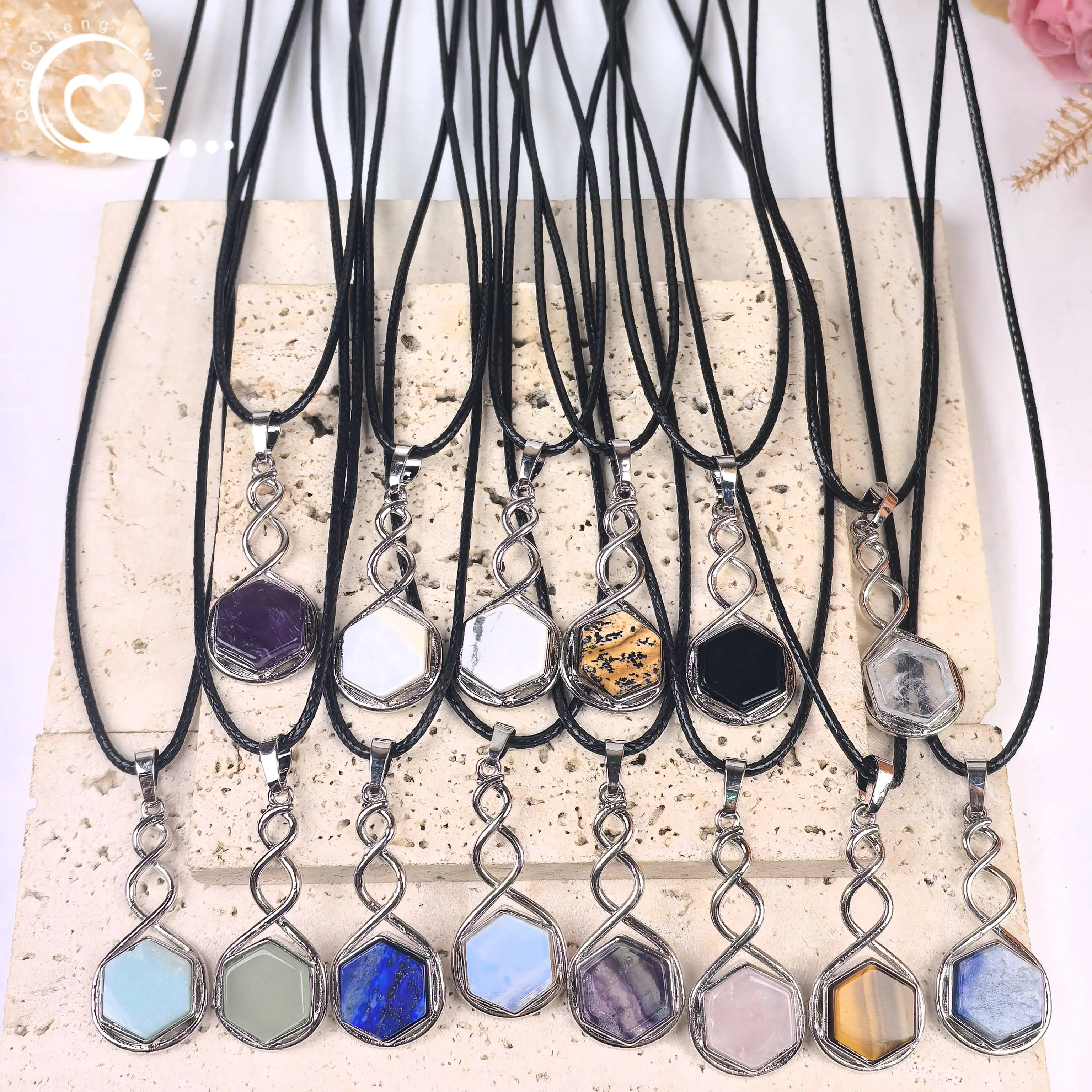 

Hexagon Slab Healing Crystal Pendants Necklace Fluorite Amethyst Amazonite Rose Quartz Turquoise Sodalite Charms Jewelry QC3409