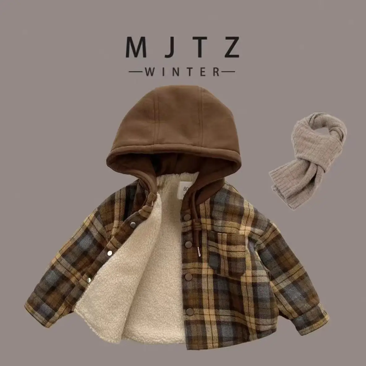 Children's Hooded Coat Autumn Winter 2026 New Style Thickened Fleece Warm Plaid Jacket for Boys And Girls
