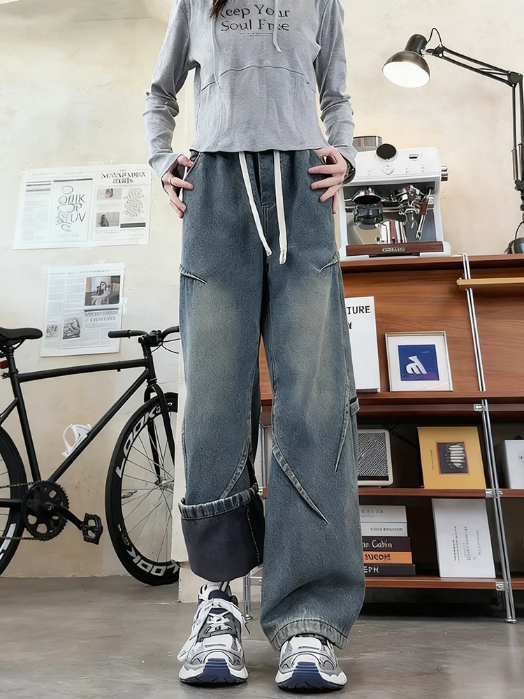 

Американские джинсы из денима с подкладкой из флиса, с высокой талией, на шнурке, прямые широкие брюки, унисекс, повседневные, износостойкие