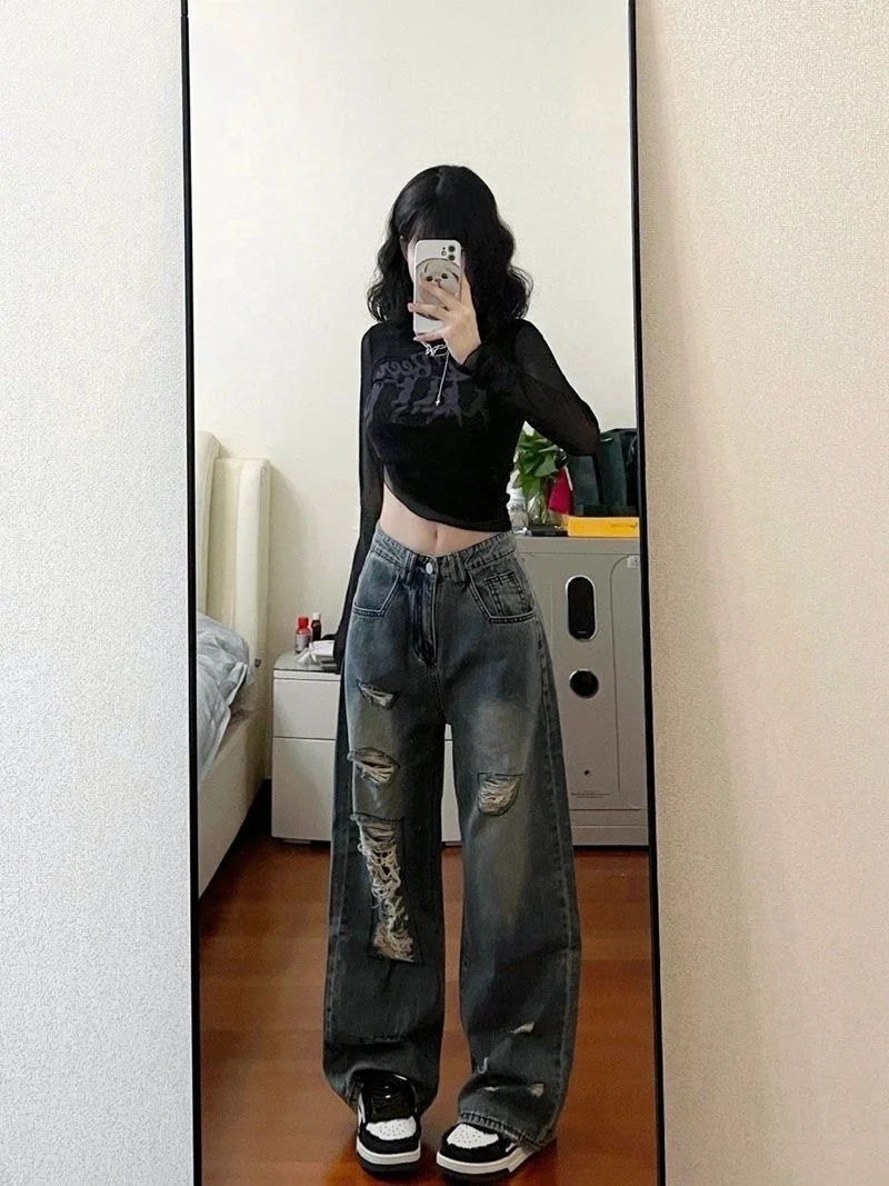 Retro Vibe Jeans mit hoher Taille und geradem Bein für Damen, kleine Größe, Sommer, lockere, schlankmachende, lange Hosen mit weitem Bein, bodenlange Hosen