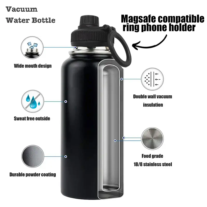 Magnetic Phone Holder Adjustable Water Bottle 750ml 1000ml Magnetic Lid Water Bottle Doule wall Vacuum Insulated 304 stainless