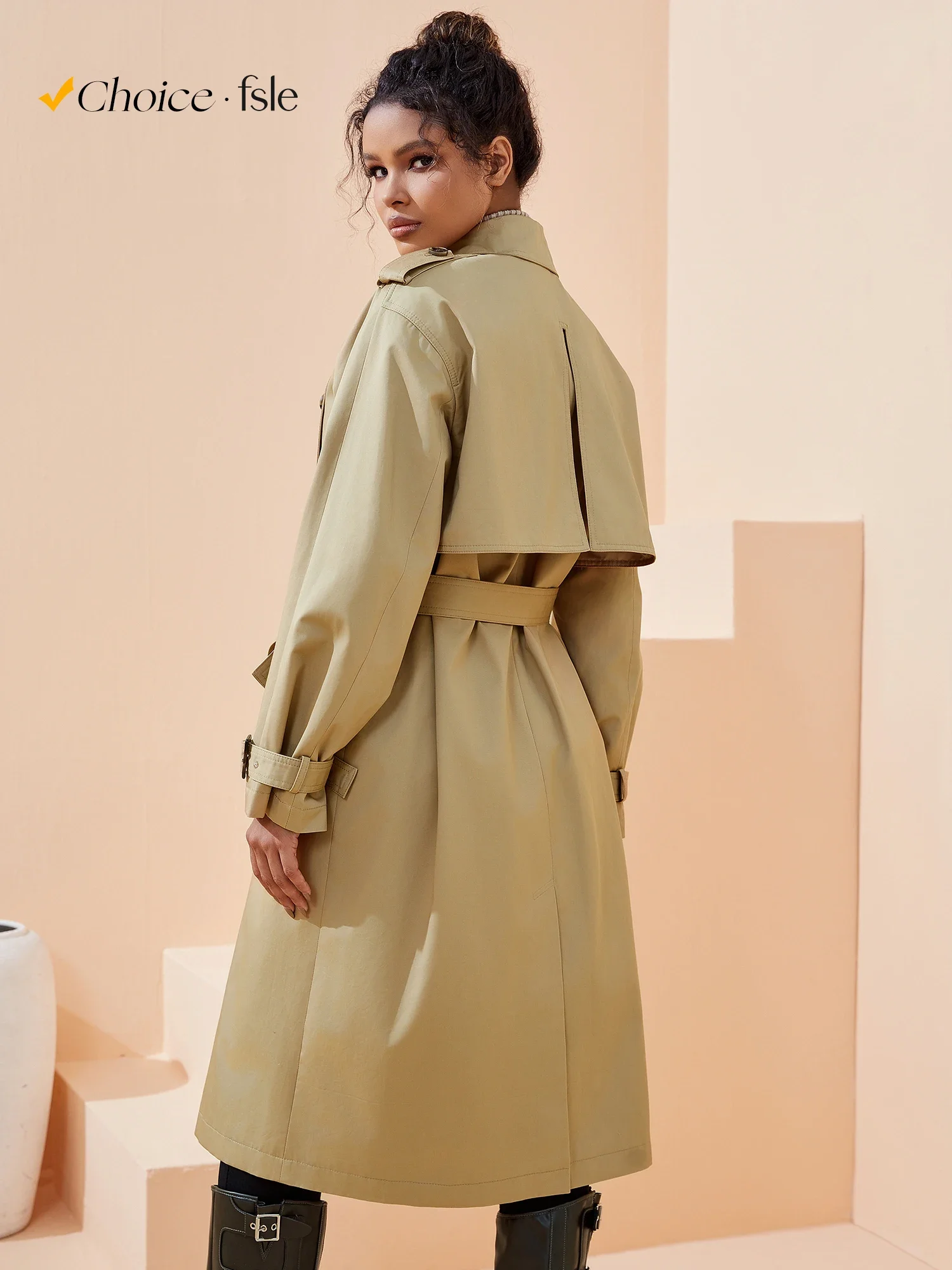 FSLE Women Trench Khaki Autumn Long Trench Coats Turn Down Collar Full Sleeve 100% Cotton Women Oversized Trench 24FS11325