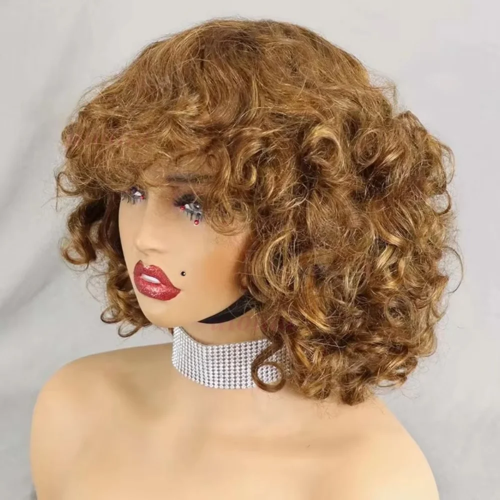 99J Burgunder Fumi Lockige Bob-Perücke, Federnde Pixie-Cut-Perücke mit Highlights, Vollmaschinell Gefertigte Eierlocken, Lockige Echthaar-Perücken für Frauen mit Pony – Detail 11