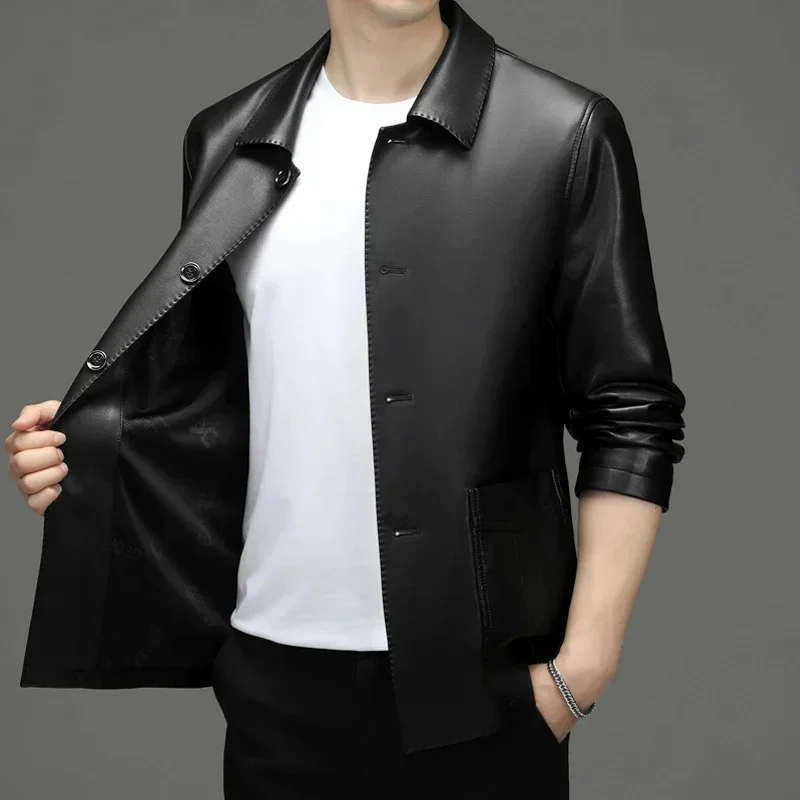 Leather Men's Suit Autumn New Button Lapel Casual Young and Middle-Aged Haining Jacket Coat