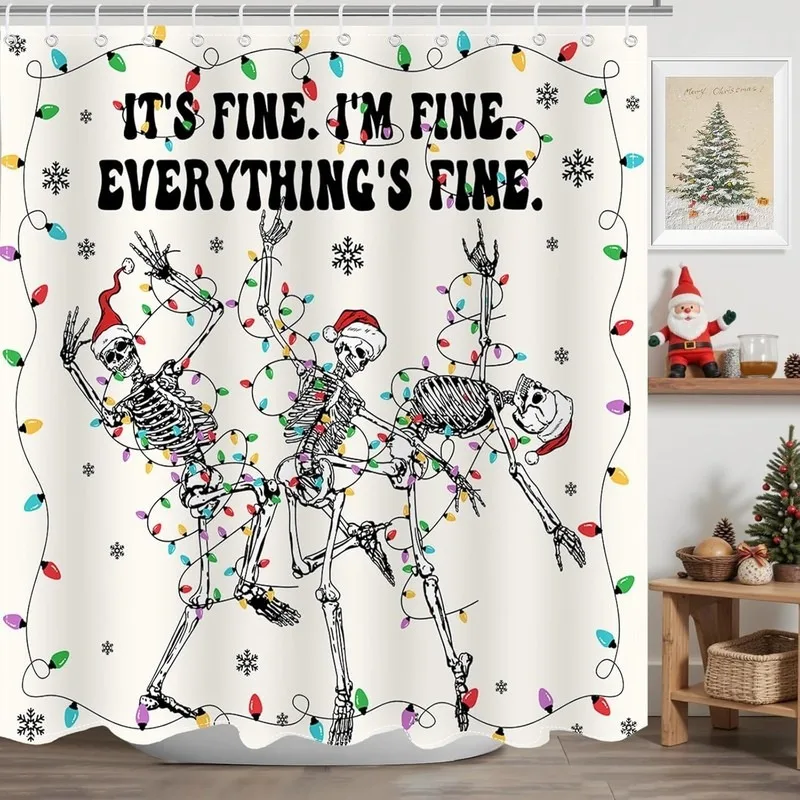 Christmas Dancing Skeleton Shower Curtain with 12 Hooks Funny Holiday Bathroom Decor LED Lights No Drilling Required