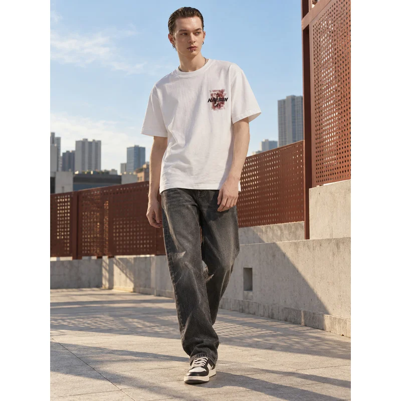 MAZZONNE Men's White 100% Cotton Floral Letter Graphic T-Shirt, Front and Back Print, Short Sleeve Crew Neck Streetwear Tee H