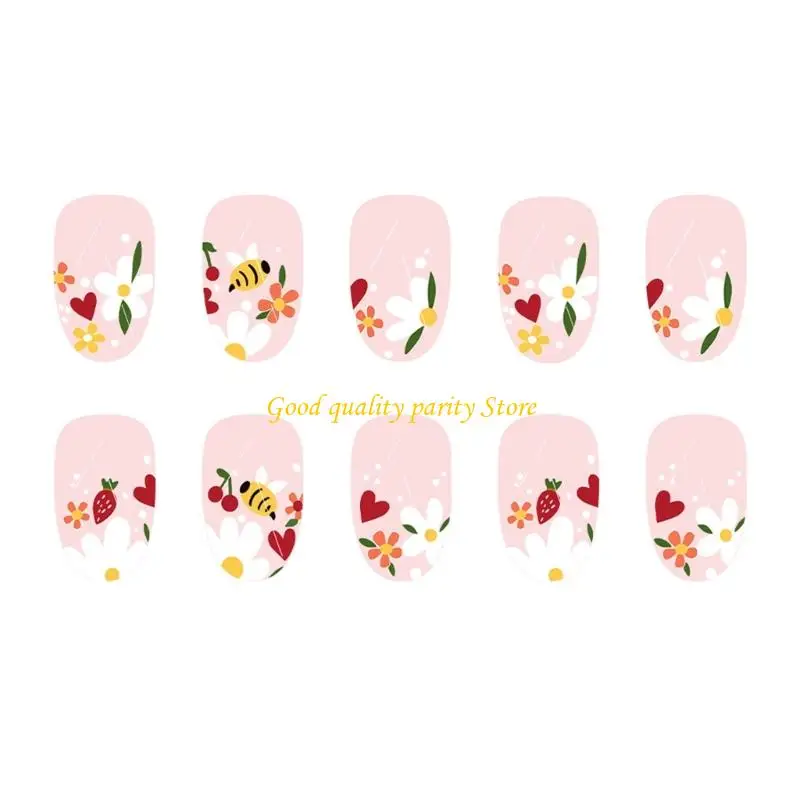 M4YA 24 PCS Đáng yêu Những con ong nhân tạo ngắn hình bầu dục đầy đủ bìa giả hình móng tay bóng trên móng tay nhấn trên móng tay