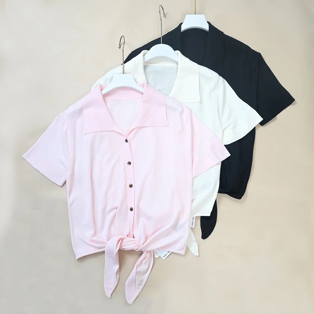 

Summer New Style Women's Simple Turn-down Collar Front Buckle Commute Knitted Short Sleeve Open Cardigan 9814