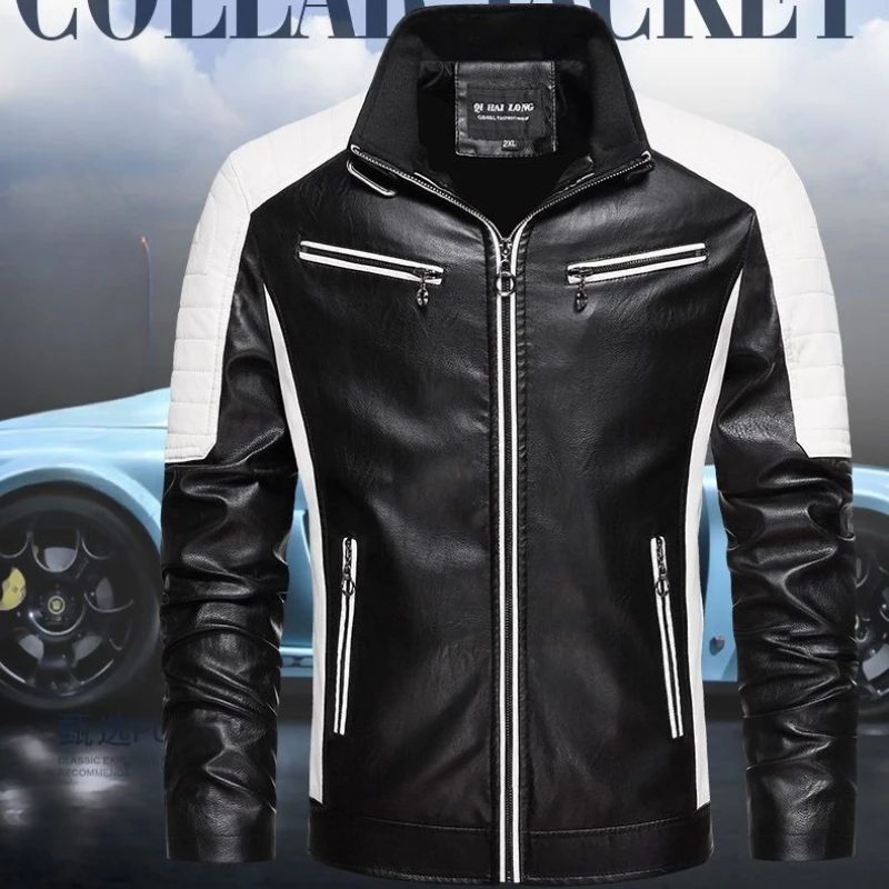 

Stand Up Collar Men's Windproof Leather Coat Spring Autumn Riding Suit with Color Blocked Pattern Lightweight Breathable​
