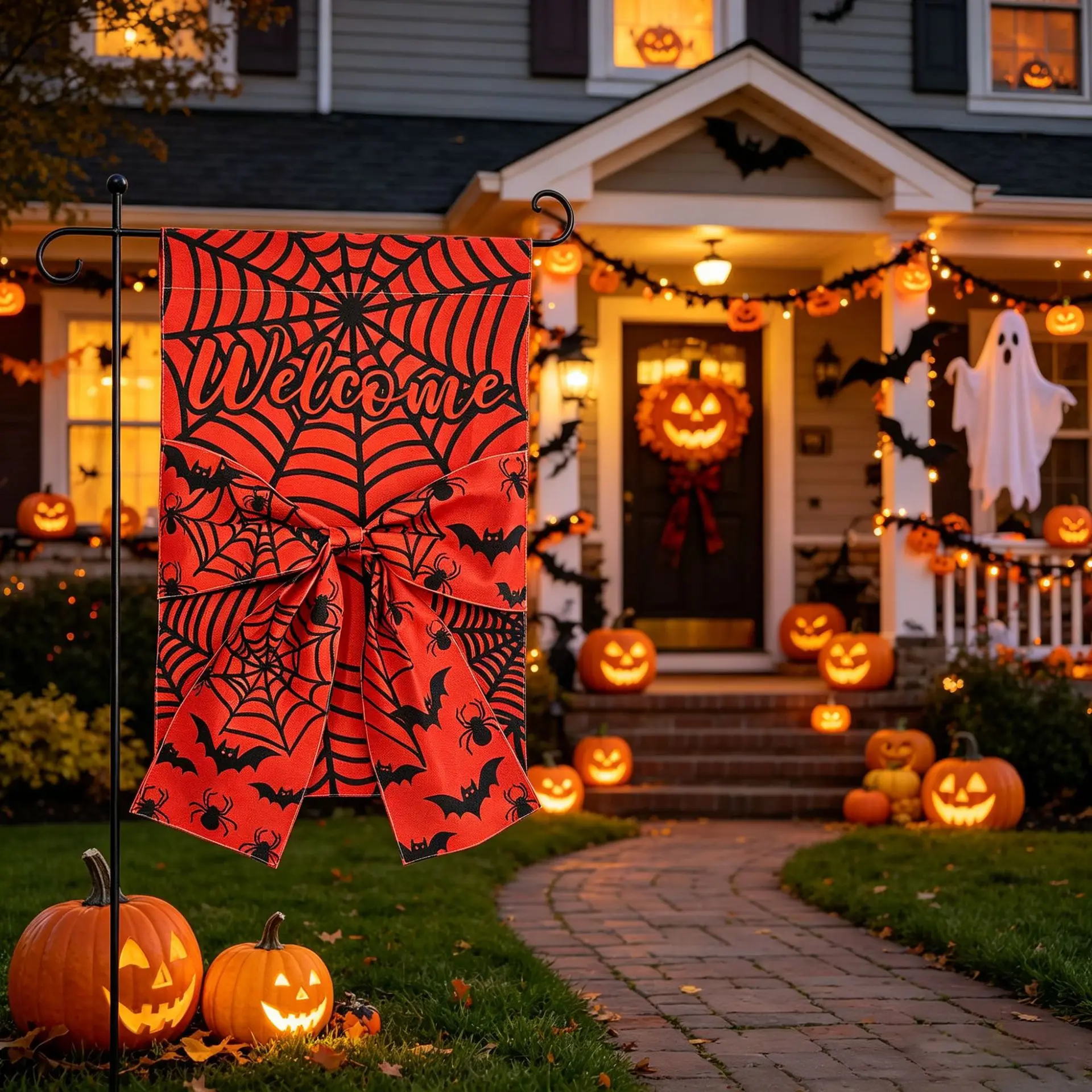 2 Stück Halloween Gartenläufer Digital Bedruckt Doppelseitiger Leinenstoff Schleifendekoration Hofläufer – Detail 13