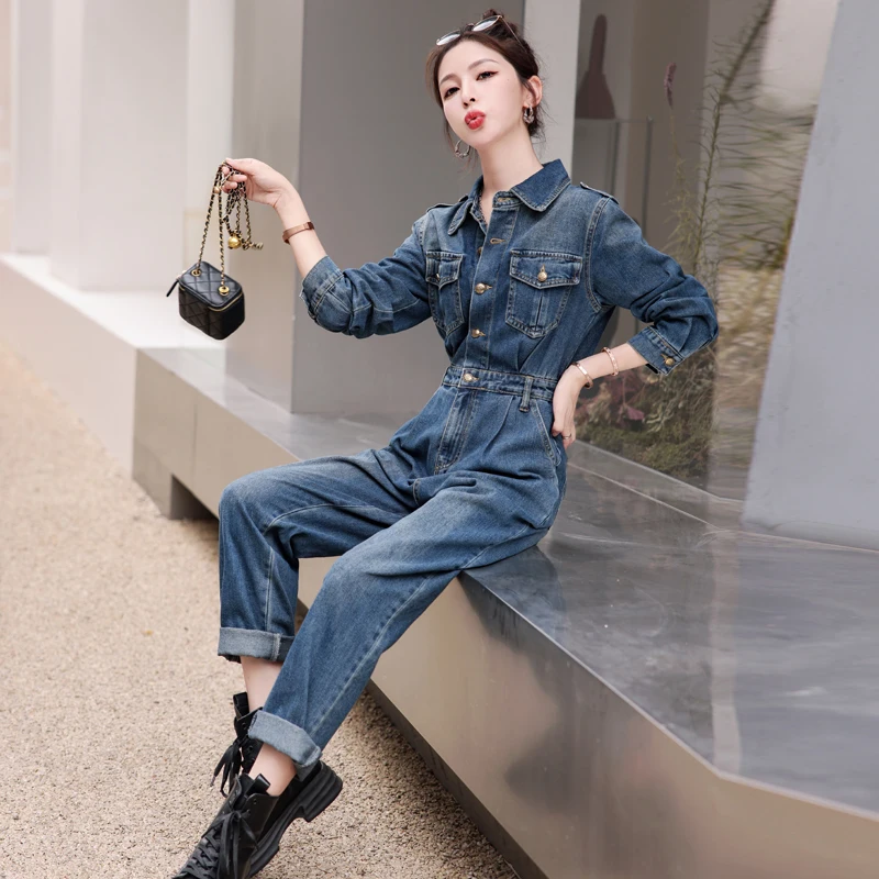 Hoge taille overall dames casual losse werkkleding denim jumpsuit set comfortabele faionable Koreaanse Sle polyestervezel