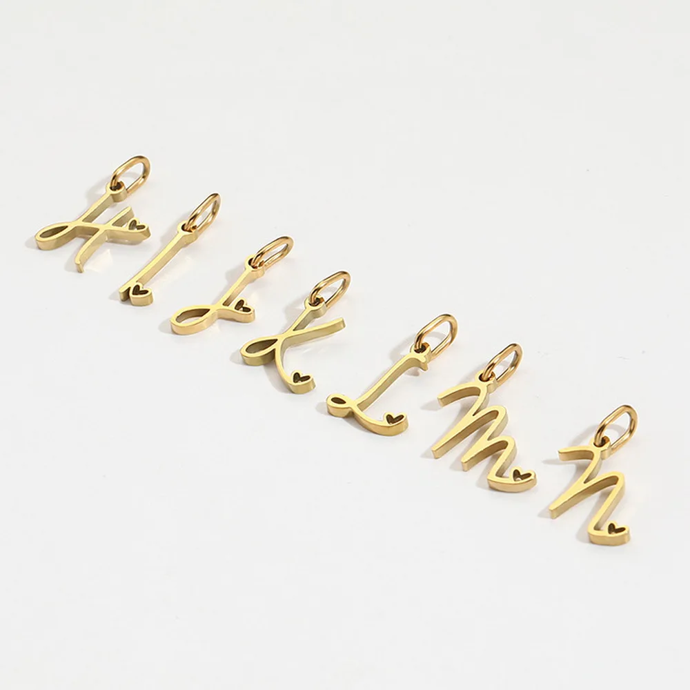10mm Stainless Steel 26 Alphabet Initial Pendant 14K Gold Plated Cursive Script A-Z Letter Heart Charms for Necklace Bracelet view 6