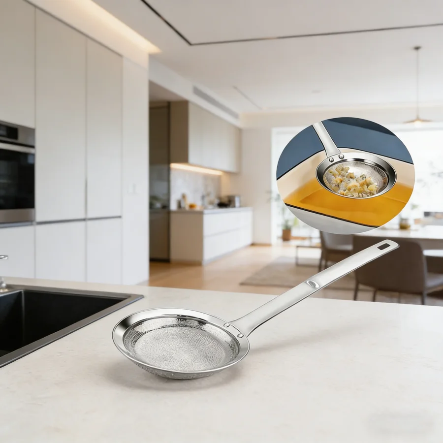 Cuchara espumadera de malla fina de acero inoxidable, colador multifuncional para desnatar grasa y espuma en ollas calientes