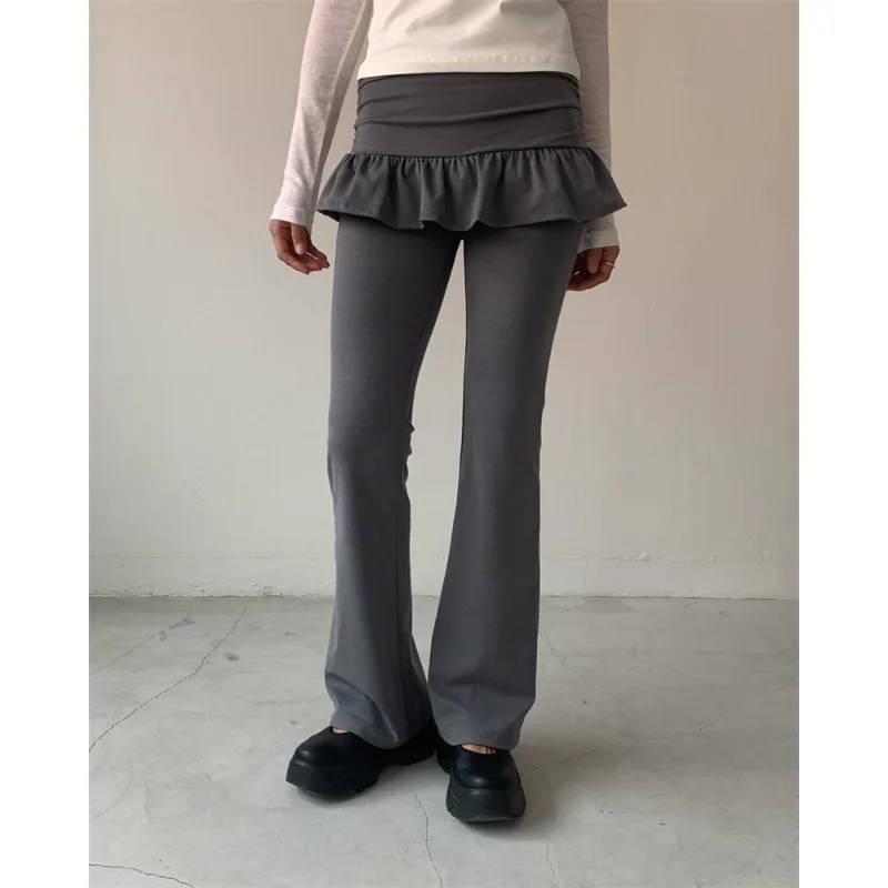 Slim Fit Pure Color Bell Bottoms Short Skirt Fake Two-Piece Long Pants Natural Waist Wide Leg Casual Trousers for Women