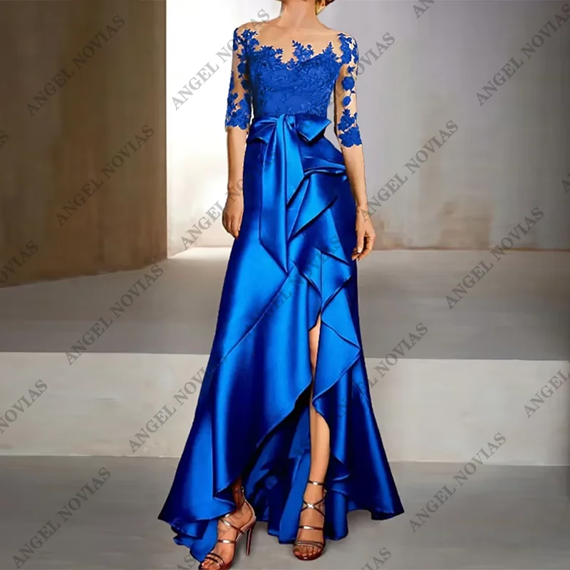 Vestido azul largo para madre de la novia, prenda de encaje satinado con media manga y apliques, longitud hasta el suelo, para invitados de boda