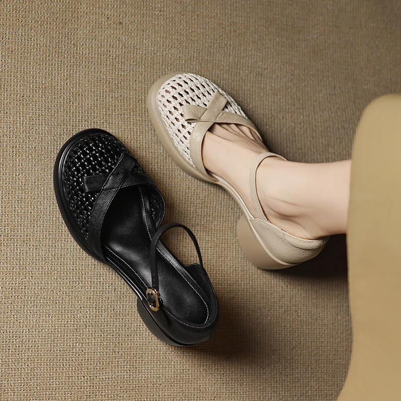 2026 new summer women sandals natural leather 22-25cm sheepskin+weave+pigskin round toe ankle-buckle high heel women shoes