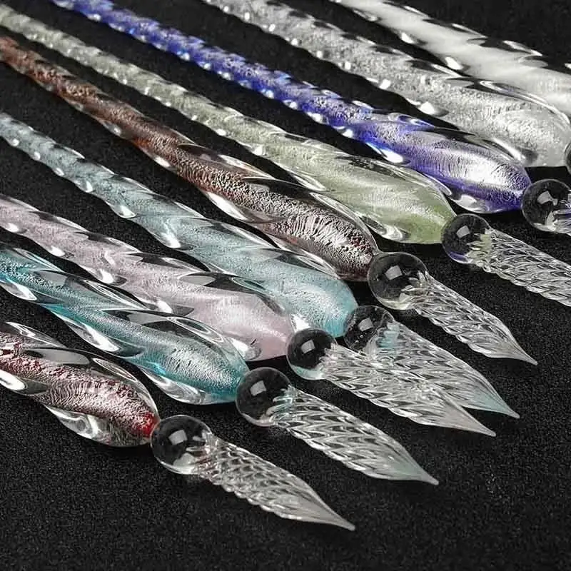 Colored Crystal Glass Dip Pen Set with Gift Box Gold Powder Color Ink Signature Pen Creative Stationery Gift