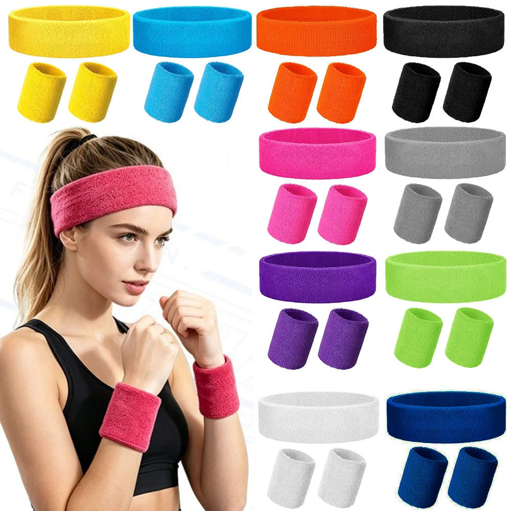 3pcs/set Sports Headband Towel Sweatband Cotton Guards Stretch Hair Band Wrist Guard Suit Sweat Band for Running Cycling Yoga